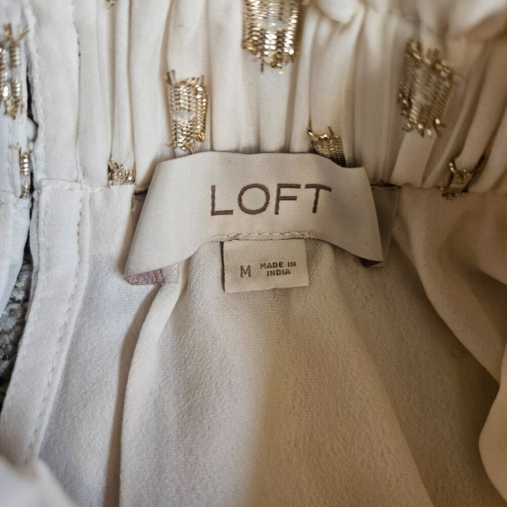 LOFT Clip Ruffle Smocked Blouse Women SZ Medium gauzy top lightweight lined Gold - Picture 9 of 15